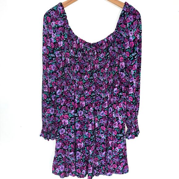 Wild Fable Purple Floral Smocked Long Sleeve Mini Dress Size Large - Picture 2 of 13